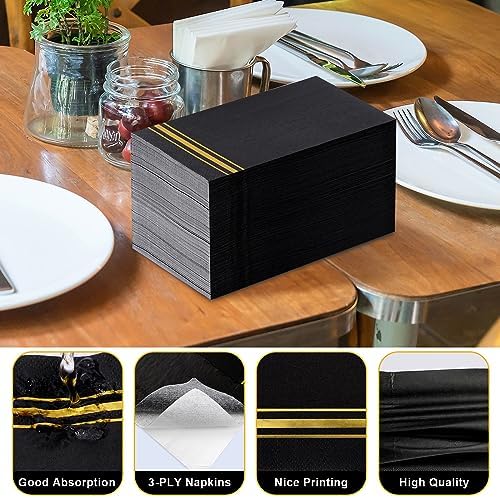 Hunanyume 100pcs 3-Ply Black and Gold Paper Napkins, Black Elegant Dinner Napkins, Gold Foil Guest Napkins Disposable Hand Towels for Bathroom Wedding Anniversary Birthday Holiday Party Graduation