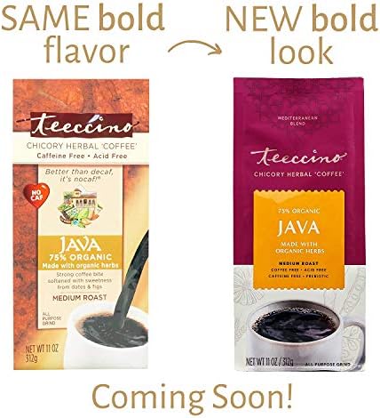 Teeccino Chicory Coffee Alternative - Java - Ground Herbal Coffee Caffeine-Free & Acid Free, Medium Roast, 11 Ounce (2 Pack)