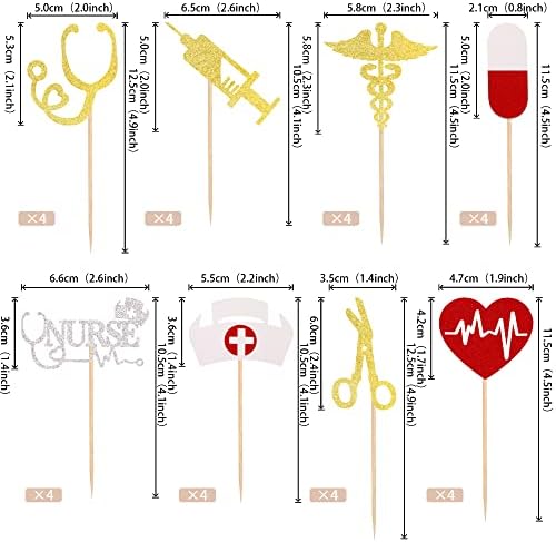 32 PCS Nurse Cupcake Toppers Glitter Nursing School Graduation Cupcake Picks Medical Rn Nurse Grad Themed Birthday Baby Shower Party Cake Decorations Supplies