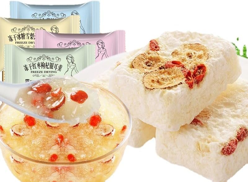 Freeze dried Tremella soup, Dried White Fungus Mushroom, Tremella Fuciformis, instant healthy nutritious breakfast Congee, convenient fast Chinese Dessert, Vegan, Snack Gift (snow pear,10bags)