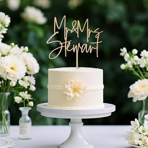 Personalized Mr & Mrs Wedding Cake Topper with Custom Bride and Groom's Last Name Cake Decoration in Wood