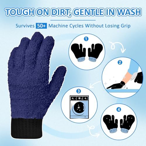 MIG4U 2 Pairs Microfiber Gloves - Dusting Gloves for House Cleaning - Washable Blind Cleaner Duster Tool (Navy,S/M)