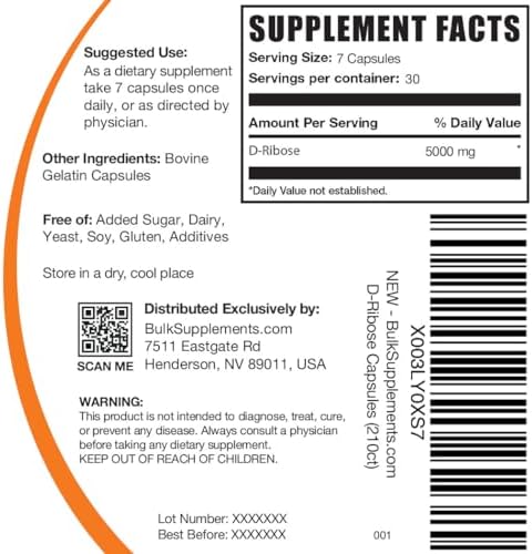 BulkSupplements.com D-Ribose Capsules - Ribose Supplement, for Energy Support - Gluten Free, 7 Capsules per Serving (5000mg), 210 Count (Pack of 1)