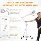 Professional Magnifying Lamp with UV Light, 5X Optical Glass Lens, Adjustable LED Brightness, 360° Swivel Wheels, Extendable Arm, Ideal for Detail Work by Tattoo Artists, Lash Extension Experts