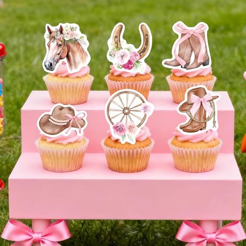 72Pcs Edible Bow Western Cowgirl Cupcake Toppers Wafer Paper Rodeo Bowknot Cupcake Toppers Picks Horse Shoe Cowboy Hats Boots Cactus Cupcake for Birthday Baby Shower Bachelorette Party Supplies