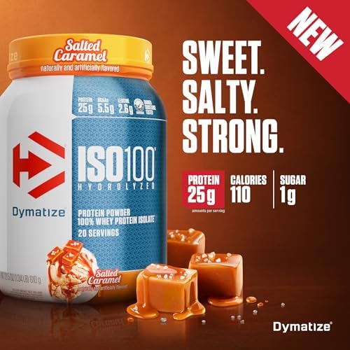 Dymatize ISO100 Whey Protein Powder Isolate, Salted Caramel, 25g of Protein, 5.5g BCAAs, Less Than 120 Cal., Gluten Free, 1g Fat, 1g Sugar, 2g Carb (20 Servings)
