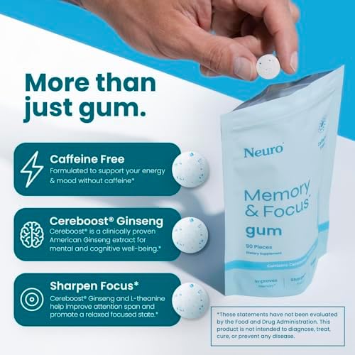 Neuro Memory & Focus Gum - Nootropic Gum with Vitamin B12, Vitamin B6, L-Theanine & Ginseng Extract - Natural Brain Support Supplement - Vegan, Caffeine & Sugar Free Chews - Peppermint, 90 ct