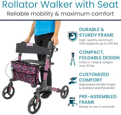 Vive Mobility Rollator Walker with Seat - Folding 4 Wheel Medical Rolling Walker with Bag - Mobility Aid for Adult, Senior, Elderly & Handicap - Aluminum Transport Chair