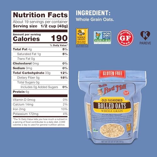 Bob's Red Mill Gluten Free Old Fashioned Rolled Oats, 32oz (Pack of 4) - Non GMO, Whole Grain, Vegan, Kosher