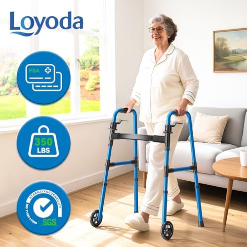 Loyoda Folding Walker with 2 Skis and 5" Wheels, Lightweight Walkers for Seniors and Adults, Supports Up to 350 Pounds, Adjustable Height, Compact Standard Walker, Blue