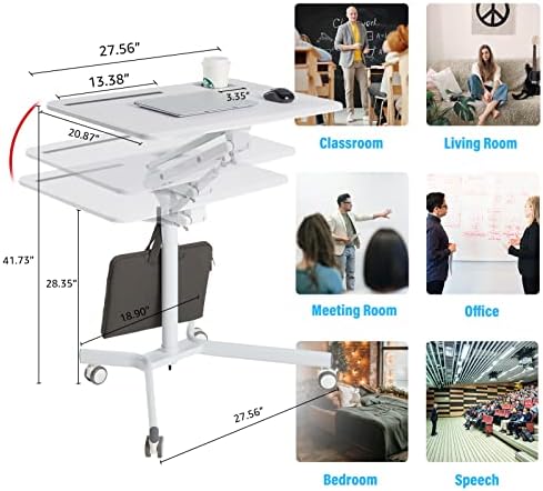 Lipo Mobile Sit Stand Desk - Height Adjustable Standing Laptop Desk Cart Rolling Couch Table on Wheels White Workstation with Gas Spring Riser for Home Office Classroom