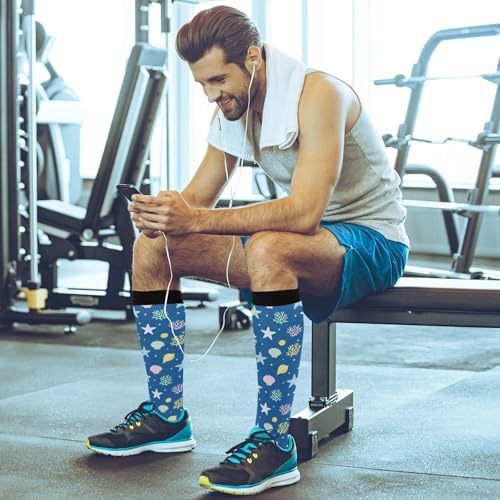 Starfish Seashell Blue Pattern Compression Socks for Women Men Nurses Running Support Long Athletic Socks for Ankle Nurse Running Accessories