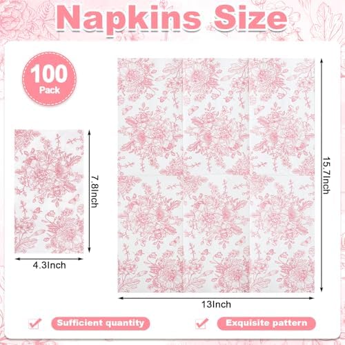 100 Pcs Pink Floral Napkins, Easter Napkins Disposable Decorative Bathroom Napkin Pink Toile Guest Dinner Napkin for Wedding, Bridal Baby Shower, Tea Party, Mothers Day