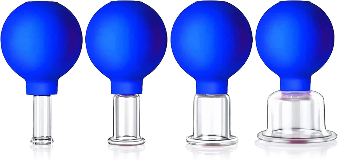 4 Size Facial Cupping Therapy Set Glass, Eye Face Vacuum Massage Anti Cellulite Cup - Silicone Cupping Massage Therapy, for Beauty Body Cup Fascia Massager(Softcover-Blue)
