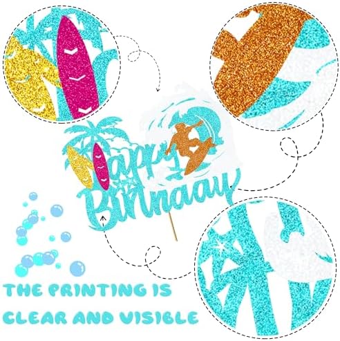 Surfing Cake Topper -surfboardcake topper Beach Party Decor for Surfer Birthdays, Summer Luau & Hawaii Theme Celebrations, Blue Glitter Surfboard Cake Decoration