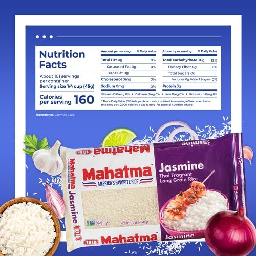 Mahatma Jasmine, 10lb Bag of Rice, Thai, Indian, or Cambodian Fragrant Flavored Rice, Stovetop or Microwave