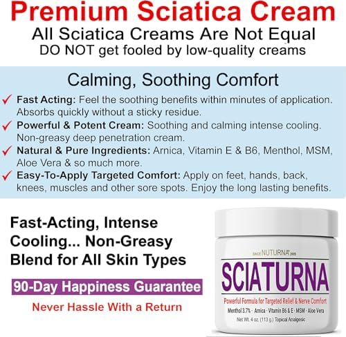 Sciatica Nerve Cream - Maximum Strength Comfort Cream for Feet, Hands, Legs, Toes, Back - Natural Ultra Strength Arnica, MSM, Menthol, Soothing Comfort, Large 4 Oz