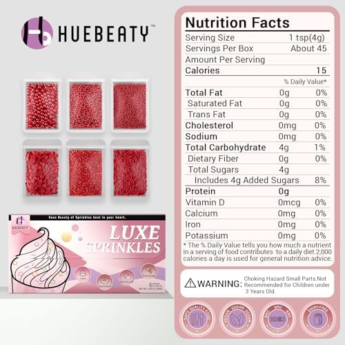 HUEBEATY® 6-in-1 Valentines Red Sprinkles for Cake Decorating - 180g Red Heart Shaped Confetti Sprinkles, Edible Sugar Pearls, Sanding Sugar & Jimmies, Grinch Christmas & Valentines Sprinkles for Cookies, Cupcakes Baking
