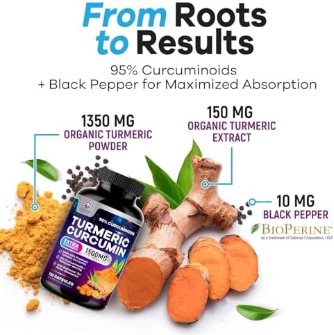 Turmeric Curcumin Supplement - 1350mg Organic Turmeric Per Serving - 95% Curcuminoids & BioPerine Black Pepper Extract for Best Absorption - Natural Vegan Joint Support, Bottled in USA - 120 Capsules