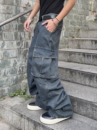 DFGIGT Mens Denim Baggy Pants with Cargo Pockets Mid Weight Casual Streetwear Wide Leg Jeans Hip Hop Skater Trousers