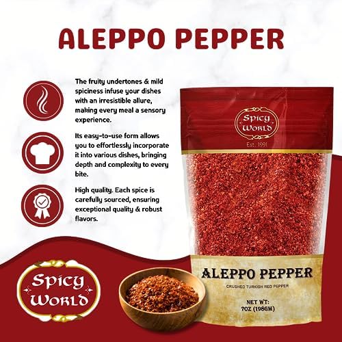 Spicy World Aleppo Pepper Flakes 7 oz | Authentic Turkish Chili Spice for Exquisite Heat & Flavor | Premium Crushed Chili Pepper from Halaby Region | Popular in Turkish & Middle Eastern cooking