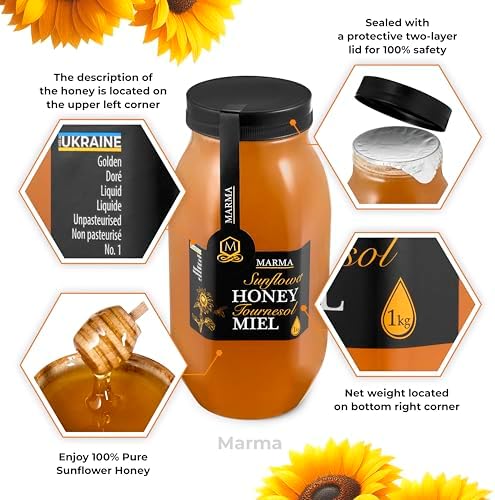 HONIGMA® Marma Sunflower Honey | Authentic Raw Honey from Ukraine | 100% Pure, Unpasteurized & Fully Crystallized | 1000g/35.2oz | Naturally Solid Texture | Pack of 1