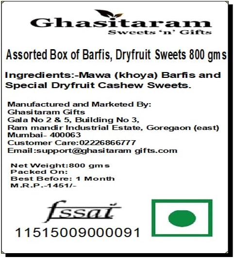 Ghasitaram Gifts Diwali Gifts Diwali Sweet - Assorted Box of Barfis, Dryfruit Sweets 800 GMS