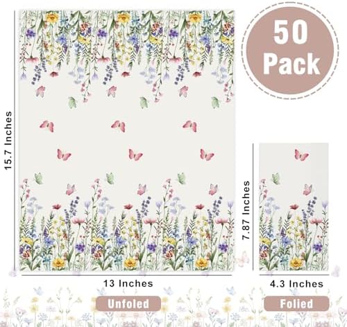 50 Spring Floral Paper Napkins, Wildflower Flower Butterfly Disposable Decorative Guest Napkins for Spring Summer Party, Bridal Shower, Baby Shower, Tea Party, Birthday Table Decorations