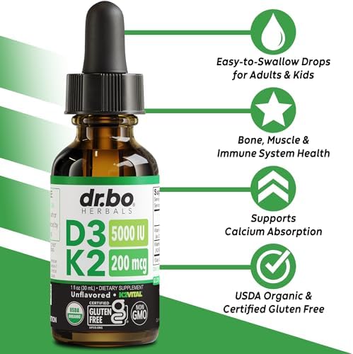 Vitamin D3 K2 Liquid Drops - Organic D3K2 Vitamin D3 K2 Drops Liquid Supplement MCT Oil for Adults & Kids, Calcium Absorption Strong Bones - Vit D and K 5000 IU Supplements, Vitamins D + K MK7 1 Fl Oz