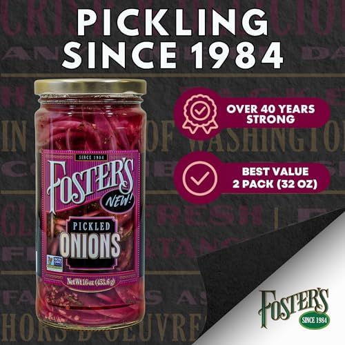 Foster's Pickled Red Onions in a Jar, 16oz, 2 Pack, Traditional Vegetables Recipe for 40 years, Gluten, Fat, and Preservative Free, Low Calorie Snack, Farm Pickled Onions