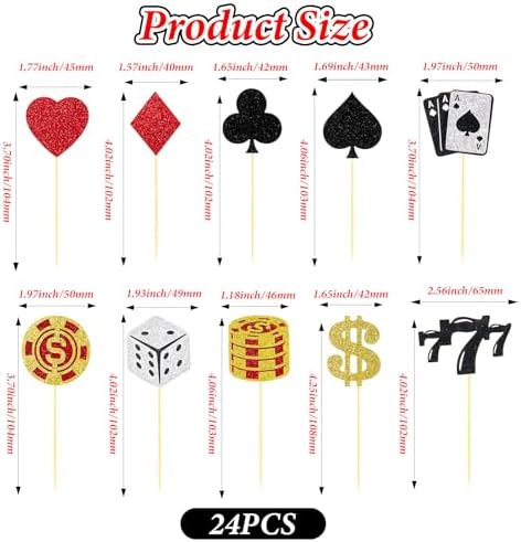 24 Pcs Casino Cupcake Toppers, Casino Theme Party Decorations, Glitter Poker Chips Toppers for Vegas Themed Party Decorations, Fruit Food Picks for Poker Night Decor