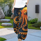 Wide Leg Octopus Pants for Women Summer Baggy Pants Japanese Art Printed Outfits Pants Elastic Waist Lantern Trouser