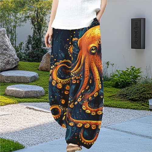 Wide Leg Octopus Pants for Women Summer Baggy Pants Japanese Art Printed Outfits Pants Elastic Waist Lantern Trouser