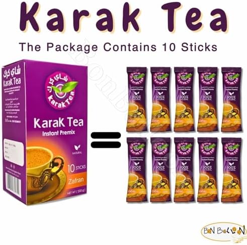Karak Tea Instant Premix Saffron Zafran Natural Chai Powder Oriental Egyptian Arab Egypt Arabic Kosher Halal (1 Pack = 10 Sachets x 20 gm) شاى كرك بالزعفران سريع التحضير