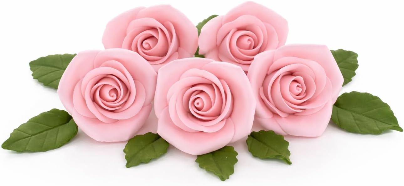Global Sugar Art 14-Piece Wedding Cake Decorations – Premium, Realistic Pink Sugar Flower Cake Topper Set (5 Roses, 9 Leaves), Handcrafted Peace Rose Wedding Cake Topper, by Chef Alan Tetreault