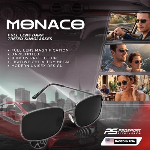 proSPORT Full Lens Sun Readers for Men Women, Non Bifocal Reading Sunglasses, Rectangle Metal Frame Smoke Lens +1.00–+3.50