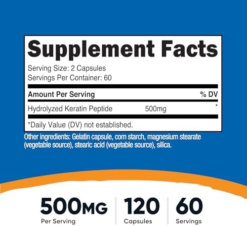 Nutricost Keratin Hydrolized Peptide Capsules - 500MG, 120 Capsules (60 Servings) - Non-GMO, Gluten-Free Formula
