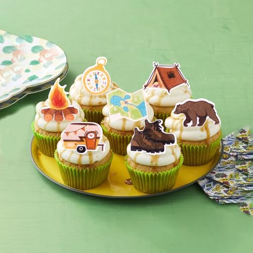 60 PCS Edible Camper Themed Cupcake Toppers Tree Bear Tent Bonfire Guitar Cupcake Picks Edible Happy Camping Cake Decorations for Weekend Outdoor BBQ Camper Theme Birthday Party Supplies