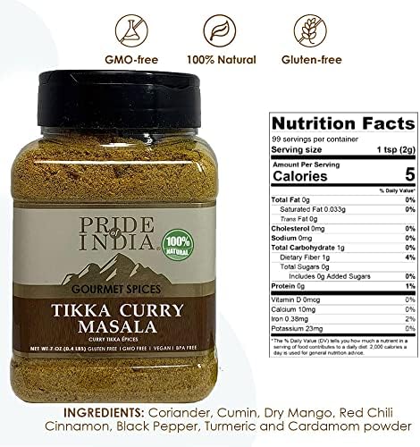 Pride of India – Tikka Curry Masala Seasoning Spice – Gourmet Curry Mix – Ideal for Vegetarian and Meat Dishes – Natural & GMO Free – Easy To Use - 7 oz. Medium Dual Sifter Jar