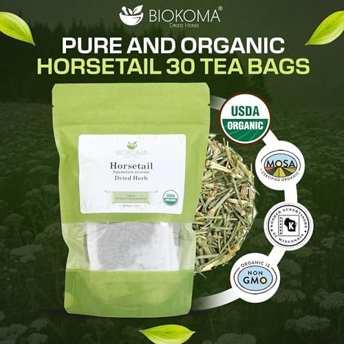 Biokoma Organic Horsetail Dried Herb 30 Tea Bags Shavegrass Equisetum Arvense USDA Organic Herbal Tea Healthy Hair Skin Nails Support Resealable Pouch Pure No Additives Non-GMO Caffeine Free Kosher
