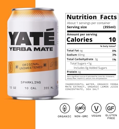 Yate Sparkling Yerba Mate - Unsweetened Organic Yerba Mate Drink with Zero Sugar & 10 Calories for Daily Energy - A Smooth, Healthy Energy Drink with Antioxidants & Plant-Based Ingredients - 12 Pack
