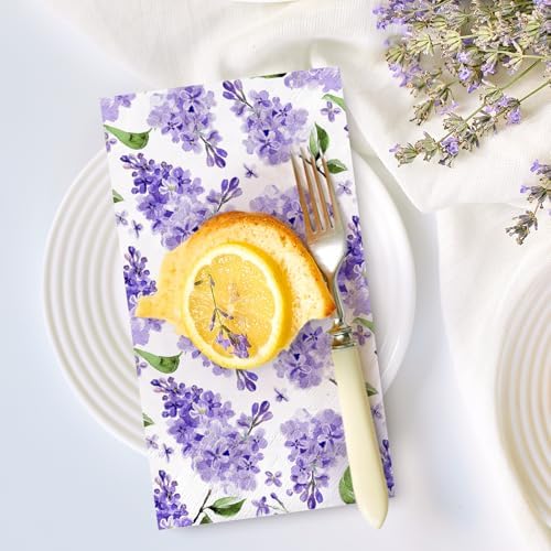 JarThenaAMCS 100Pcs Watercolor Floral Guest Napkins Purple Lilac Flower Disposable Napkins Dinner Paper Hand Towels for Bathroom Wedding Birthday Party Table Supplies