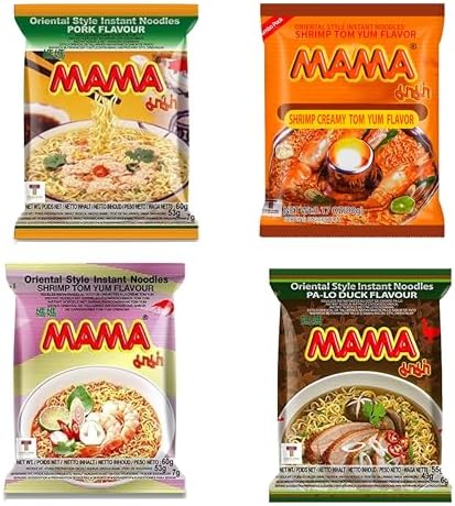 Mama Oriental Style instant noodles Mix Flavor Bundle Package Total 30 Packs (4 Flavor Mix Shrimp Tom Yum, Pa Lo Duck, Shrimp Creamy Tom Yum, Pork), each flavor 7-8 bags Total 30 small bags noodle