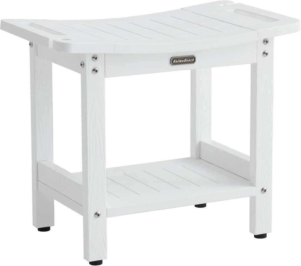 Waterproof Shower Bench, White Poly Shower Stool for Shaving Legs, Shower Chair Seat with Handles & Shower Head Holder, Plastic Bathroom Bench with Adjustable Feet for Inside Shower, Non-Slip