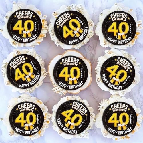 40Pcs Edible Cheers Beers to 40 Years Cupcake Toppers Edible Black Happy 40th Birthday Cupcake Picks Drink Toppers for Cheers Beers Theme 40th Men Birthday Party Decorations