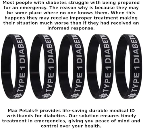 5 PACK TYPE 1 DIABETIC Medical Alert ID Silicone Bracelet Wristbands ADULT SIZE (8 Inches)
