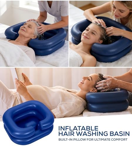 2-in-1 Inflatable Shampoo Basin with Bib & Drain Hose - Portable Hair Washing Station for Bedridden, Elderly & Kids - Deep Blow Up Shampoo Bowl for Locs Detox Tub, ACV Rinse & Home Sink