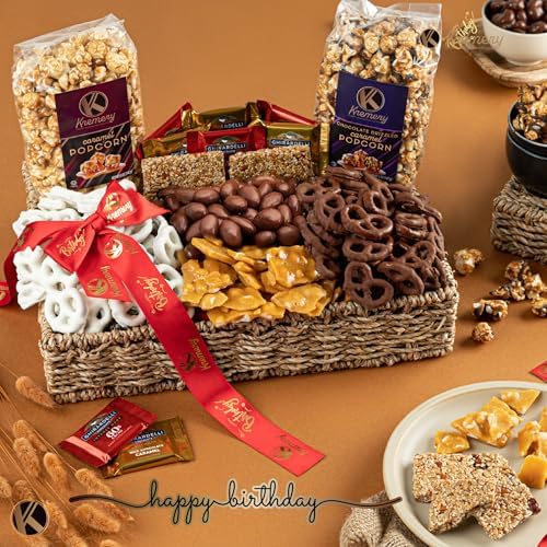 KREMERY Creamy Chocolate Cravings Birthday Gift Basket - Chocolate Covered Pretzels, Nuts, Candy & Caramel Popcorn (Deluxe, 3.5 lbs) Sweet Treats in Seagrass Tray + Ribbon & Greeting Card, Kosher