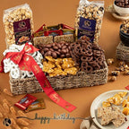 KREMERY Creamy Chocolate Cravings Birthday Gift Basket - Chocolate Covered Pretzels, Nuts, Candy & Caramel Popcorn (Deluxe, 3.5 lbs) Sweet Treats in Seagrass Tray + Ribbon & Greeting Card, Kosher