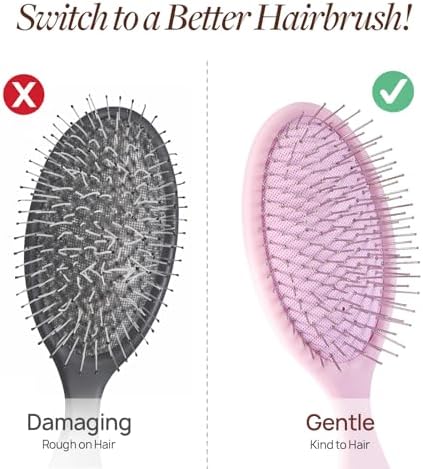 Air Cushion Paddle Brush, Steel Pins Scalp Massager, Pain-Free Detangling Brush for Curly, Thick Hair, Wet & Dry Use, Anti-Static, with Tail Comb & Non-Slip Clip, Pink 1Pc